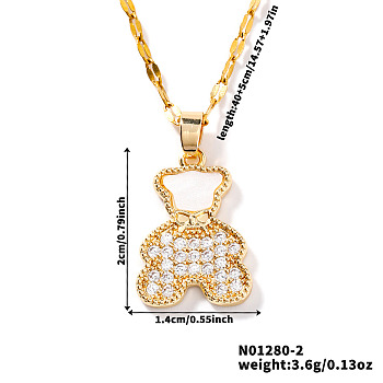 Brass Full Crystal Rhinestone Cute Delicate Bear Pendant Dapped Chain Necklaces for Women, Golden, 15.75 inch(40cm)