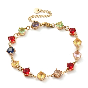Colorful Glass Link Chain Bracelets, with Golden Brass Chains, Flat Round, 9-1/2 inch(24cm), 57mm extender
