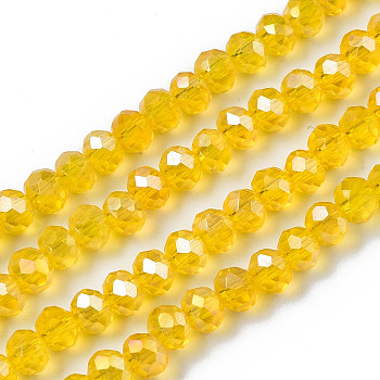 Electroplate Glass Beads Strands, AB Color Plated, Faceted, Rondelle, Gold, 4x3mm, Hole: 0.4mm, about 123~127pcs/strand, 16.5~16.9 inch(42~43cm)