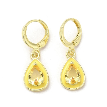 Teardrop Real 18K Gold Plated Brass Dangle Leverback Earrings, with Enamel and Glass, Yellow, 29x10mm