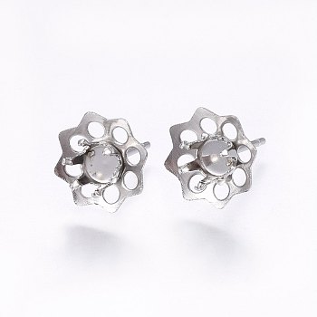 201 Stainless Steel Stud Earring Settings, with 304 Stainless Steel Pin, Flower, Stainless Steel Color, Tray: 5mm, 16x10.5mm, Pin: 0.8mm