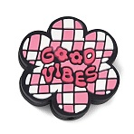 Food Grade Eco-Friendly Silicone Focal Beads, Flower with Word Good Vibes, Flamingo, 30.5x29x7mm, Hole: 2mm(SIL-L008-04)
