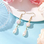 Round with Flower Pattern Porcelain Ceramic Dangle Earrings, with 304 Stainless Steel Earring Hooks, with Imitation Pearl Teardrop, Pink, 57~58x10mm(EJEW-JE06347-03)