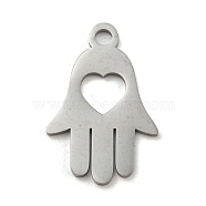 304 Stainless Steel Pendants, Laser Cut, Hamsa Hand with Heart Charm, Stainless Steel Color, 25x16.5x1mm, Hole: 3mm(STAS-B056-16P)