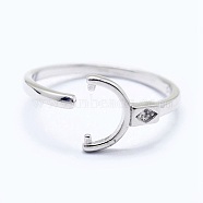 Adjustable 925 Sterling Silver Cuff Finger Ring Components, For Half Drilled Beads, with Cubic Zirconia, Clear, Platinum, Size: 6, 16mm, Tray: 6x3mm, Pin: 0.8mm(STER-I016-045P)
