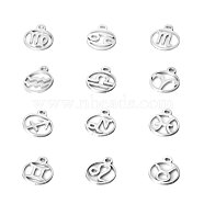 201 Stainless Steel Charms, Flat Round with Twelve Constellation, 12 Constellations, 13.4x10.8x1mm, Hole: 1.5mm(STAS-T014-T505-M)