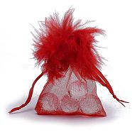 Organza Gift Bags, with Drawstring and Feather, Jewelry Pouches Bags, for Wedding Party Candy Mesh Bags, Rectangle, Red, 9x7.5x0.05cm(OP-F001-A-06)