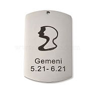 304 Stainless Steel Pendants, Stainless Steel Color, Rectangle with Constellation Charm, Gemini, 43x26.5x1.5mm, Hole: 1.6mm(STAS-C098-01F-P)