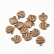Tibetan Style Alloy Charms, Heart with Word Thank you, Cadmium Free & Nickel Free & Lead Free, Antique Bronze, 12x11x2mm, Hole: 1.5mm(X-TIBEP-A15913-AB-NR)