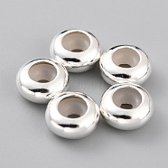 Brass Beads, with Rubber Inside, Slider Beads, Stopper Beads, Long-Lasting Plated, Rondelle, 925 Sterling Silver Plated, 8x4mm, Rubber Hole: 2mm(KK-O133-207D-S)