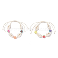 Natural Cowrie Shell Braided Bead Bracelet, Handmade Polymer Clay Fruit Beads Adjustable Bracelet for Women, Mixed Color, Inner Diameter: 1-3/4~4-1/4 inch(4.3~10.8cm)(BJEW-JB07400-02)