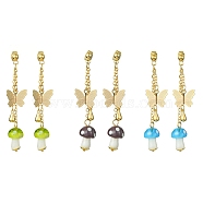 Lampwork Mushroom & Brass Butterfly Dangle Stud Earrings, Long Drop Earrings, Mixed Color, 57x13mm, 1 Pair/style(EJEW-TA00376)