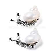 Snail White Natural Conch Shell Fossil Brooch Pin, Alloy Pin for Backpack Clothing, Antique Silver, 49.5~56x30~38x20~30mm(JEWB-A020-01AS-02)