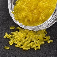 Transparent Colours Round Hole Glass Bugle Beads, Yellow, 3~5x1.8~2mm, Hole: 0.8mm, about 12000pcs/450g(SEED-I001-10)