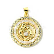 Mother's Day Real 18K Gold Plated Brass Micro Pave Clear Cubic Zirconia Pendants, with Shell, Real 18K Gold Plated, Flat Round, 28x25x3mm, Hole: 3.5x4.5mm(KK-H472-13G-06)