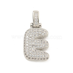 Brass Micro Pave Clear Cubic Zirconia Pendants, Platinum, Letter E, 31x15x5mm, Hole: 3x6mm(KK-B099-01P-E)