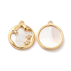 Brass Micro Pave Cubic Zirconia Charms, with Shell, Flat Round with Star Charm, Real 18K Gold Plated, 14.5x13x3mm, Hole: 1mm(X-KK-F860-12G)