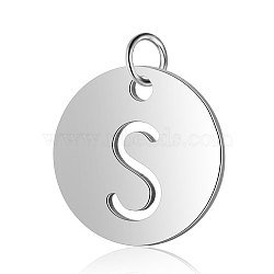 304 Stainless Steel Charms, Flat Round with Letter, Stainless Steel Color, Letter.S, 12x1mm, Hole: 2.5mm(STAS-S105-T514S-S)