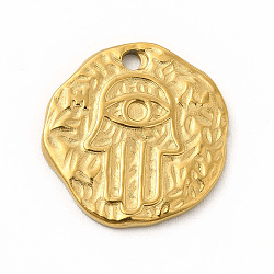 304 Stainless Steel Hammered Pendants, Irregular Flat Round with Hamsa Hand Charms, Golden, 18.5x18x1.5mm, Hole: 1.6mm(STAS-M305-12G)