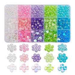 800Pcs 3 Style 5 Colors Transparent Acrylic Beads, Round & Heart & Flat Round with Mixed Letter, Mixed Color, 6~8mm, Hole: 1.5mm, about 60pcs/color(TACR-YW0001-45)