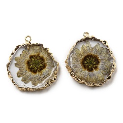 Inner Dried Flower Resin Pendants, Flat Round Charms with Light Gold Plated Brass Edge and Iron Loops, Tan, 34~36x30~31.5x4.5~5.5mm, Hole: 2mm(RESI-P028-02KCG-05)