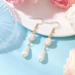 Round with Flower Pattern Porcelain Ceramic Dangle Earrings, with 304 Stainless Steel Earring Hooks, with Imitation Pearl Teardrop, Pink, 57~58x10mm(EJEW-JE06347-03)