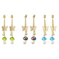Lampwork Mushroom & Brass Butterfly Dangle Stud Earrings, Long Drop Earrings, Mixed Color, 57x13mm, 1 Pair/style(EJEW-TA00376)