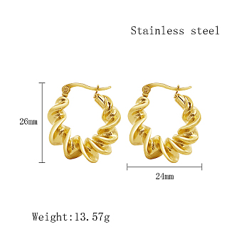 Stainless Steel Hoop Earrings for Women, Real 18K Gold Plated, Twist, 26x24mm