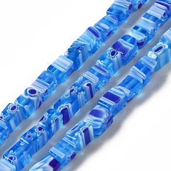 Handmade Millefiori Glass Beads Strands, Cuboid, Dodger Blue, 5~6x4x3.5~4mm, Hole: 1mm, about 64pcs/strand, 14.88''(37.8cm)