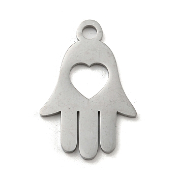 304 Stainless Steel Pendants, Laser Cut, Hamsa Hand with Heart Charm, Stainless Steel Color, 25x16.5x1mm, Hole: 3mm