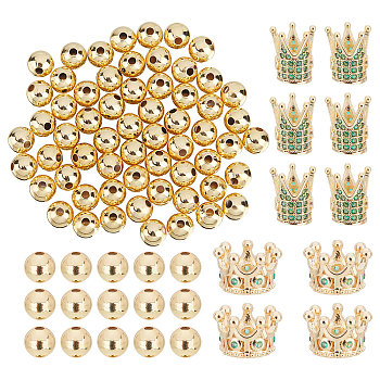 Nbeads 60Pcs Brass Beads, Long-Lasting Plated, with 10Pcs 2 Style Brass Micro Pave Cubic Zirconia European Beads, Large Hole Beads, Crown, Golden, 12x10x9.5mm, Hole: 2mm