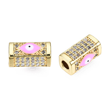 Brass Micro Pave Cubic Zirconia Beads, with Enamel, Real 18K Gold Plated, Rectangle with Evil Eye, Nickel Free, Pearl Pink, 14x8x7mm, Hole: 3.5mm