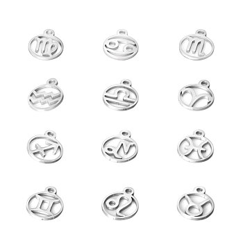 201 Stainless Steel Charms, Flat Round with Twelve Constellation, 12 Constellations, 13.4x10.8x1mm, Hole: 1.5mm