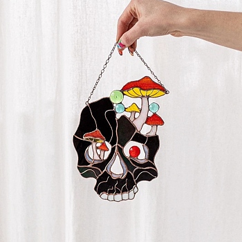 Halloween Stained Acrylic Skull with Mushroom Art Window Planel, for Suncatchers Window Home Hanging Ornaments, Black, 150x150mm