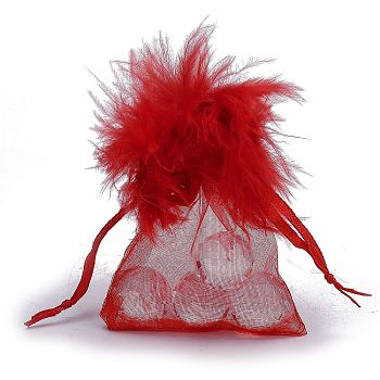 Organza Gift Bags, with Drawstring and Feather, Jewelry Pouches Bags, for Wedding Party Candy Mesh Bags, Rectangle, Red, 9x7.5x0.05cm