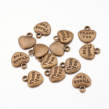 Tibetan Style Alloy Charms, Heart with Word Thank you, Cadmium Free & Nickel Free & Lead Free, Antique Bronze, 12x11x2mm, Hole: 1.5mm