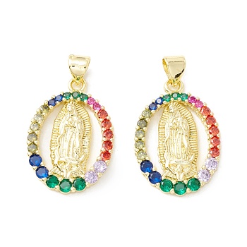Rack Plating Brass Micro Pave Cubic Zirconia Pendants, Real 18K Gold Plated, Long-Lasting Plated, Oval with Virgin Mary, Colorful, 23.5x16.5x3mm, Hole: 3.5x3mm