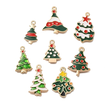 Christmas Theme Alloy Enamel Pendants, Light Gold, Christmas Tree, 20.5~28.5x12~21.5x1.3~2.8mm, Hole: 1.8~2mm, 8pcs/set.