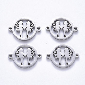 201 Stainless Steel Links Connectors, Laser Cut, Flat Round with Fairy, Stainless Steel Color, 15x20x1.5mm, Hole: 1.6mm