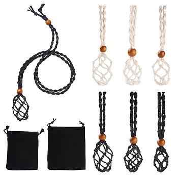 6Pcs Adjustable Braided Waxed Cord Macrame Pouch Necklace Making, Interchangeable Stone, with Wood Beads, 6Pcs Rectangle Velvet Pouches, Mixed Color, 47~51x0.5cm