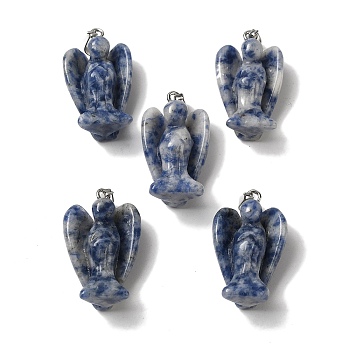 Natural Blue Spot Jasper Pendants, Angel Charms with Platinum Plated Alloy Snap on Bails, 31~31.5x17~18x12mm, Hole: 7.5x4mm