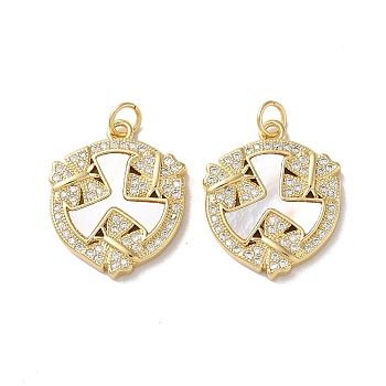 Brass Micro Pave Clear Cubic Zirconia Pendants, with Shell, Real 18K Gold Plated, Clover, 22x18.5x3mm, Hole: 3mm