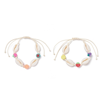Natural Cowrie Shell Braided Bead Bracelet, Handmade Polymer Clay Fruit Beads Adjustable Bracelet for Women, Mixed Color, Inner Diameter: 1-3/4~4-1/4 inch(4.3~10.8cm)