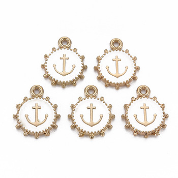 Alloy Enamel Pendants, Light Gold, Cadmium Free & Nickel Free & Lead Free, Flat Round with Anchor, White, 17.5x14.5x2mm, Hole: 1.6mm