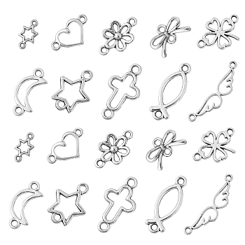 100Pcs 10 Styles Tibetan Style Alloy Connector Charms, Hollow Links, Angel & Cross & Heart & Bowknot, Mixed Shapes, Antique Silver, 8~21x7~30.5x1~2mm, Hole: 0.9mm, 10pcs/style