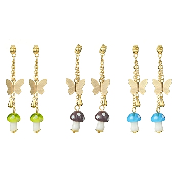 Lampwork Mushroom & Brass Butterfly Dangle Stud Earrings, Long Drop Earrings, Mixed Color, 57x13mm, 1 Pair/style