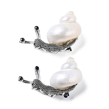 Snail White Natural Conch Shell Fossil Brooch Pin, Alloy Pin for Backpack Clothing, Antique Silver, 49.5~56x30~38x20~30mm