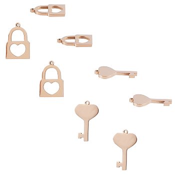 Unicraftale 304 Stainless Steel Charms, Laser Cut, Polishing, Key and Lock, Rose Gold, 17~20x13mm, Hole: 1mm, 12pcs/box