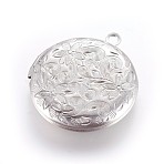 Tarnish Resistant 304 Stainless Steel Locket Pendants, Flat Round with Flower, Stainless Steel Color, 31x27.5x5.5mm, Hole: 2mm(STAS-P237-04P)