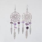 Natural Amethyst Dangle Earrings, with Metal Findings, Woven Net/Web with Feather Earrings, 95mm, Pin, 0.6mm(EJEW-JE02104-03)
